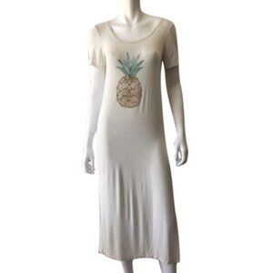 Pineapple Graphic Beige Midi T-Shirt Dress With Side Slits